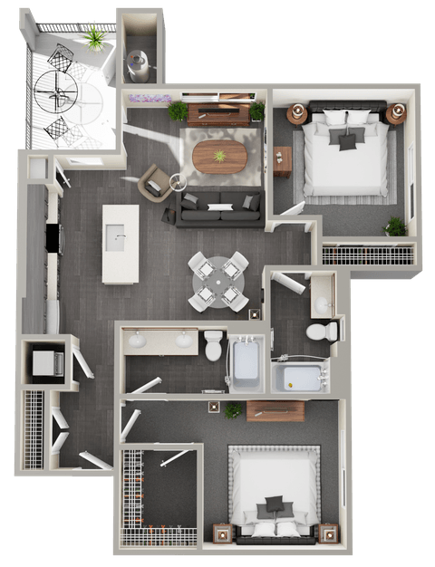 Floor plan for 2 beds, 2 baths, 1077 sqft